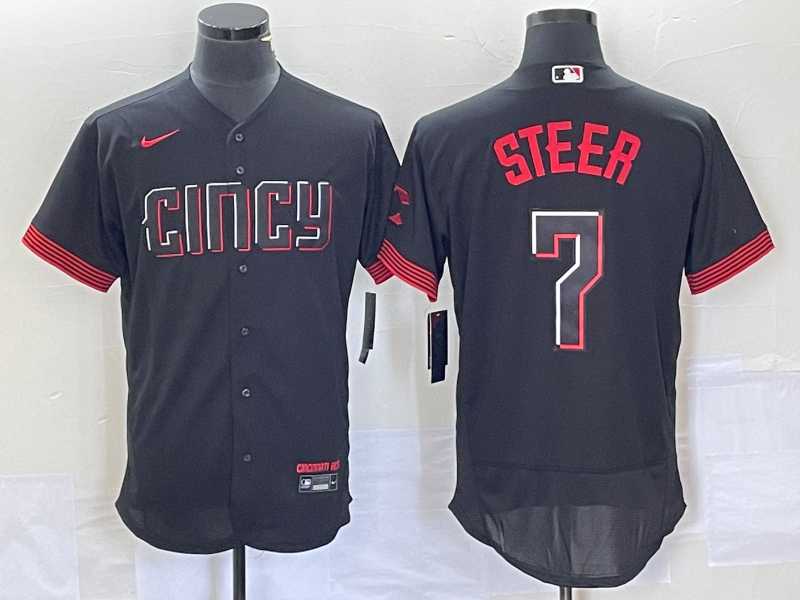 Men%27s Cincinnati Reds Spencer Steer Black 2023 City Connect Flex Base Stitched Jersey 1